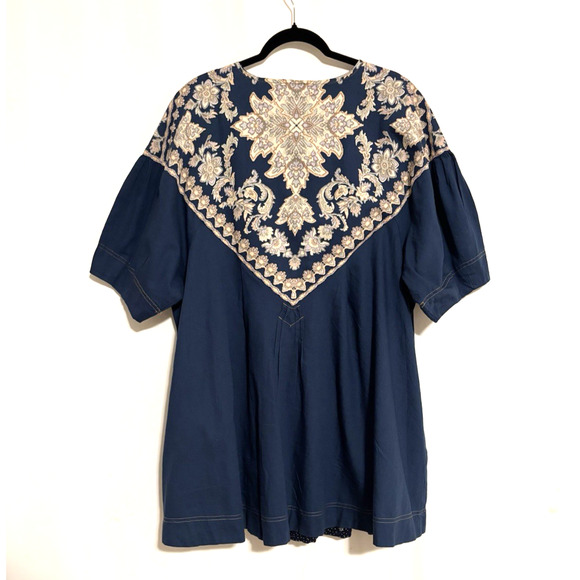 Free People Dress Large Aline Denim Embroidered Foral Short Sleeve Mini Boho - Picture 2 of 12